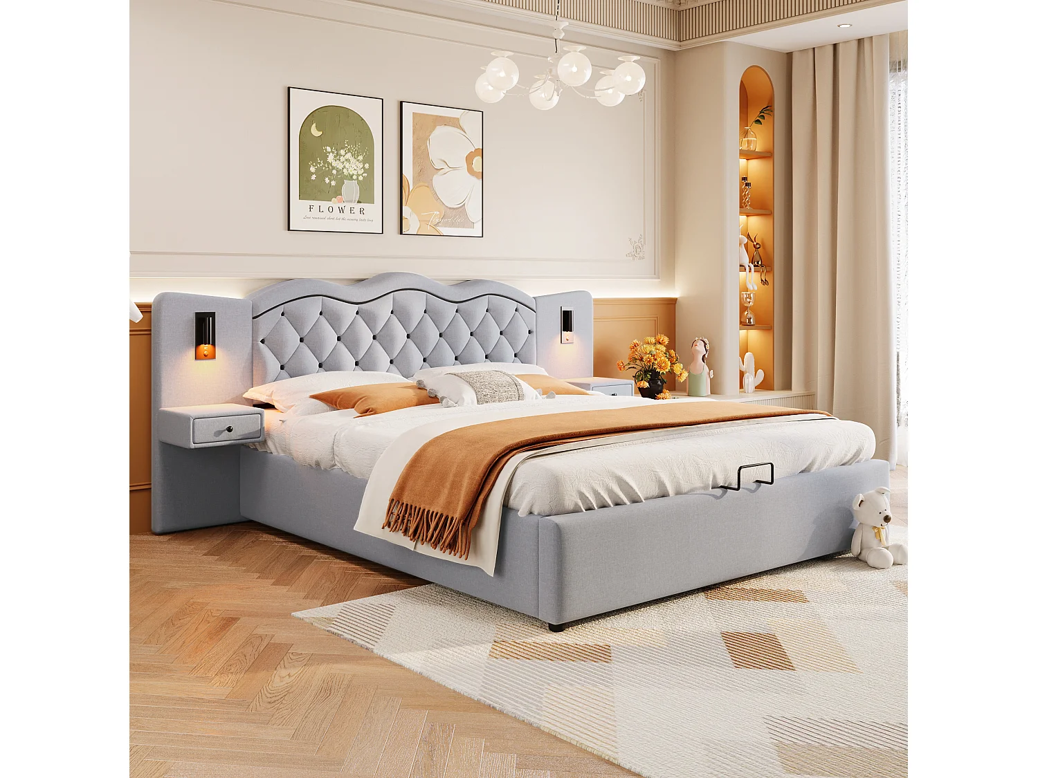 Lit coffre moderne 180 x 200 cm  - 2 table de chevets, 2 lampes de chevet et USB - Tissu lin - Gris