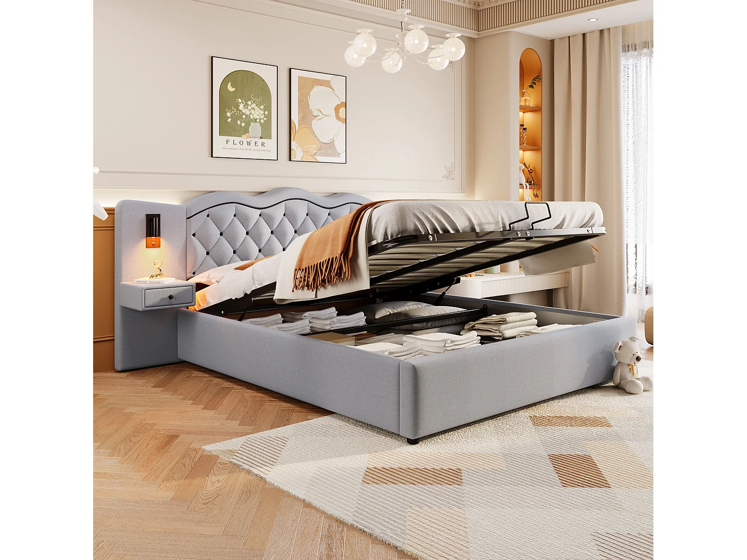 Lit coffre moderne 180 x 200 cm  - 2 table de chevets, 2 lampes de chevet et USB - Tissu lin - Gris