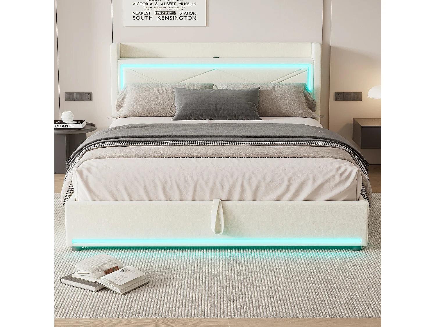 Lit coffre 160 x 200 cm avec tête de lit - LEDs et port USB - Tissu en lin - Style contemporain - Beige