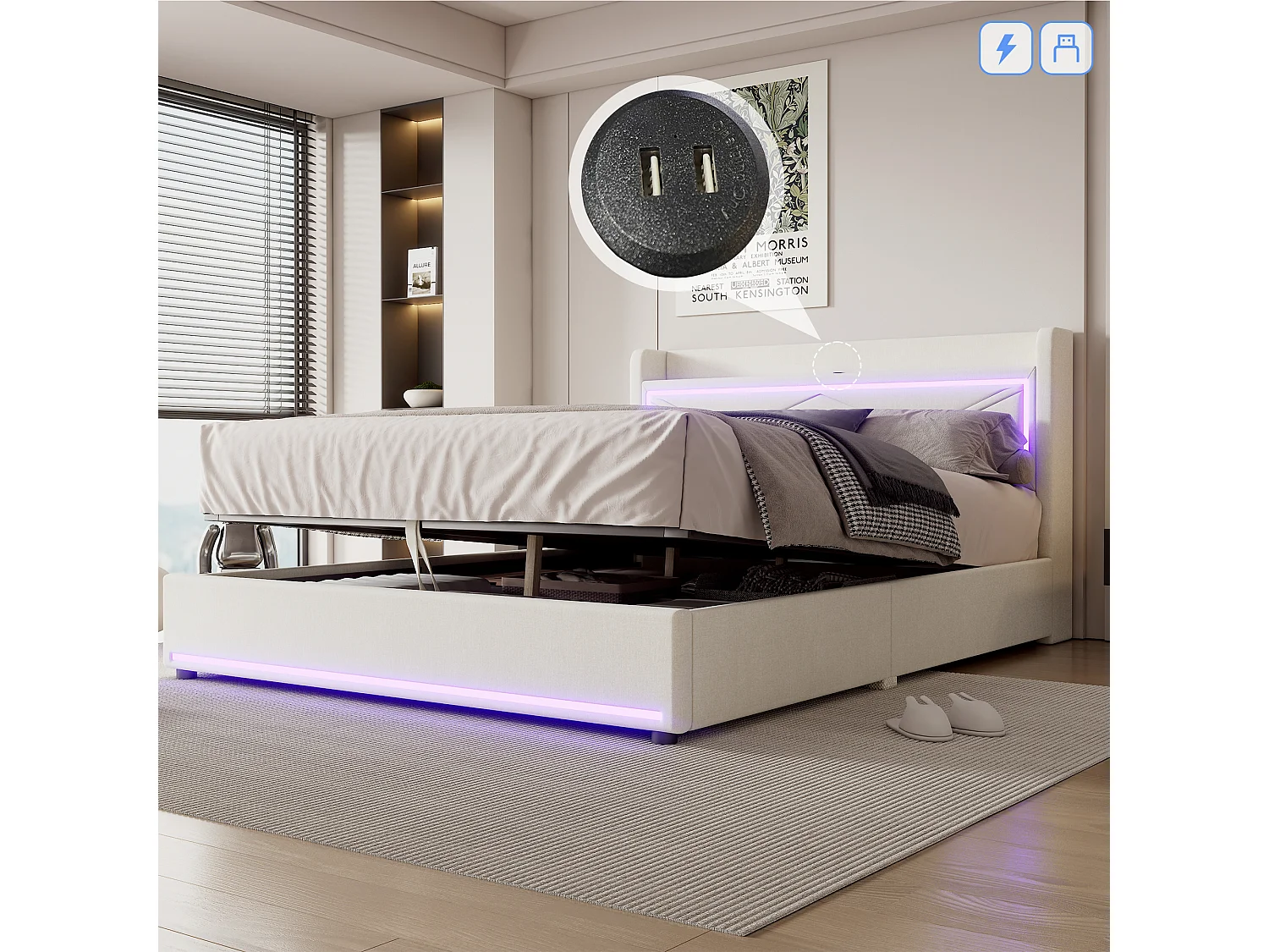 Lit coffre 160 x 200 cm avec tête de lit - LEDs et port USB - Tissu en lin - Style contemporain - Beige