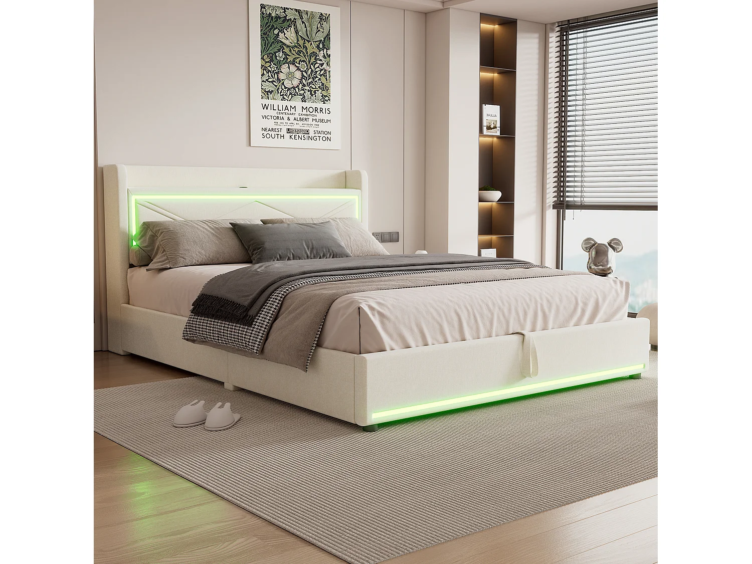 Lit coffre 160 x 200 cm avec tête de lit - LEDs et port USB - Tissu en lin - Style contemporain - Beige