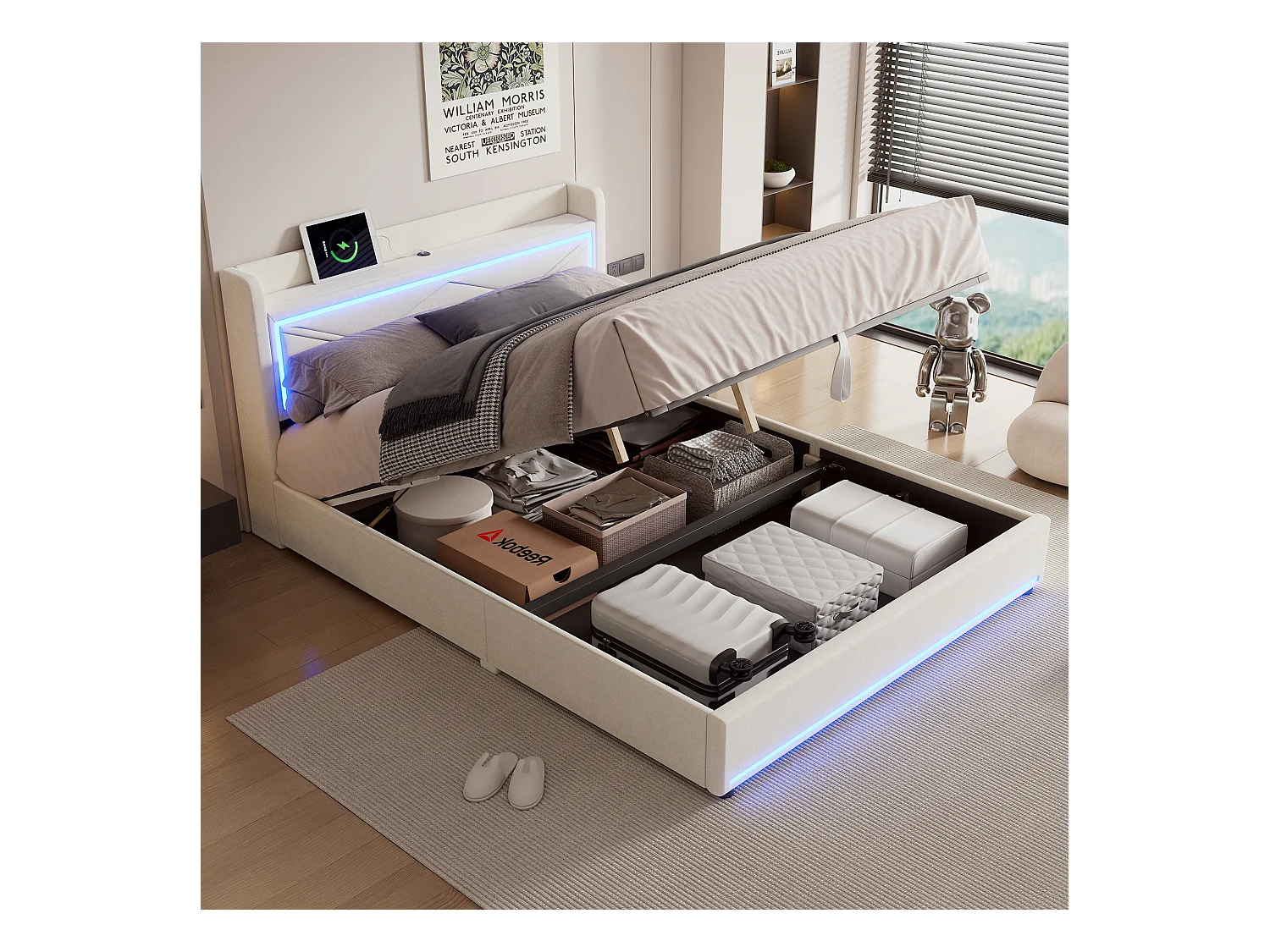 Lit coffre 160 x 200 cm avec tête de lit - LEDs et port USB - Tissu en lin - Style contemporain - Beige