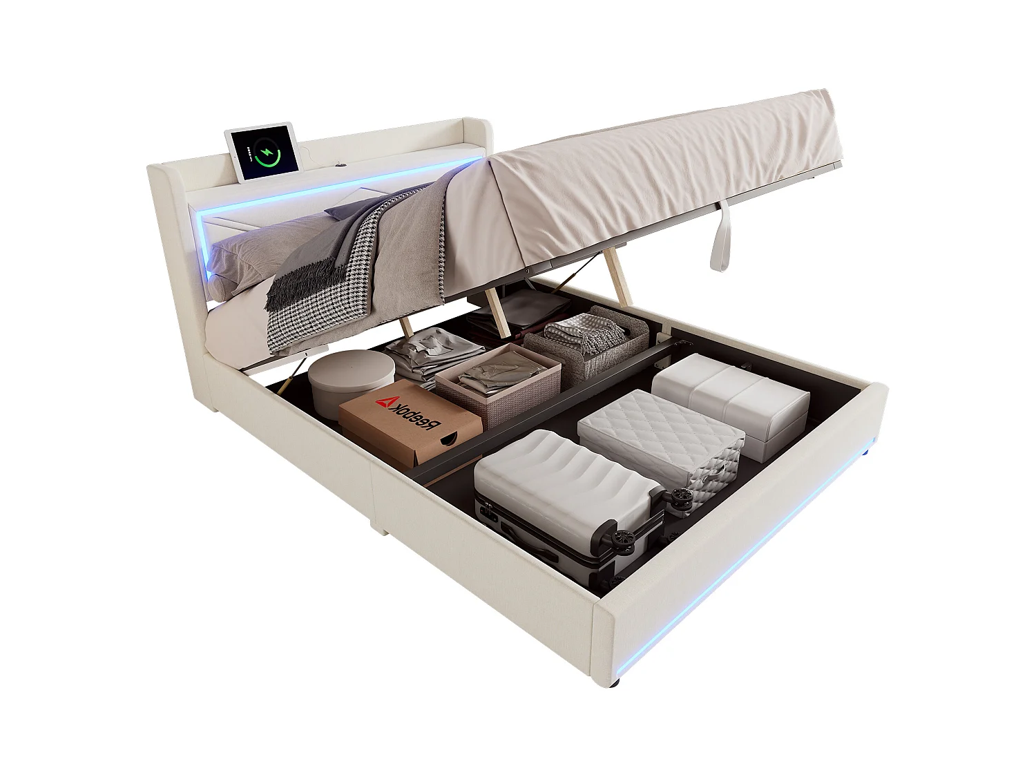 Lit coffre 160 x 200 cm avec tête de lit - LEDs et port USB - Tissu en lin - Style contemporain - Beige