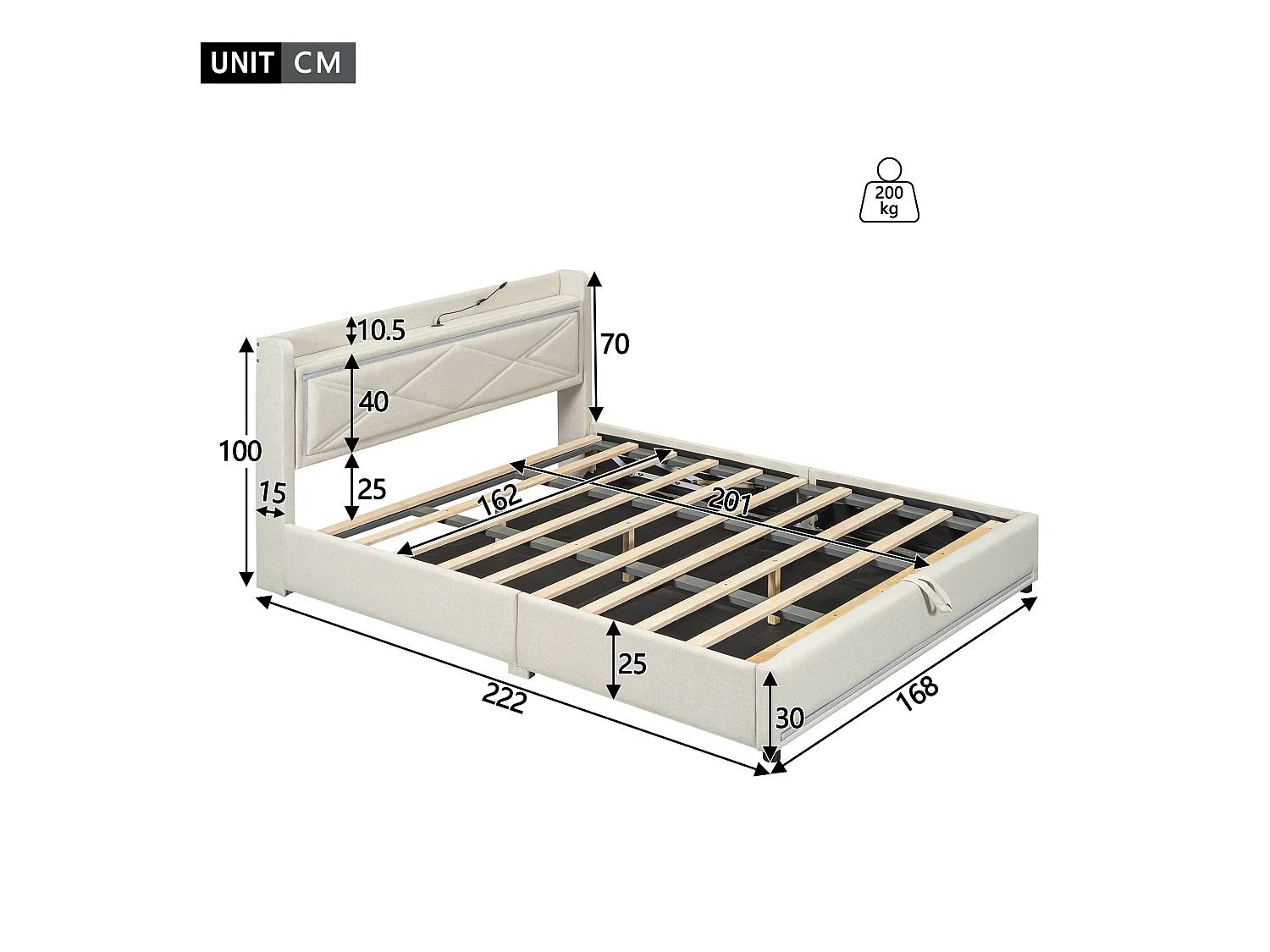 Lit coffre 160 x 200 cm avec tête de lit - LEDs et port USB - Tissu en lin - Style contemporain - Beige