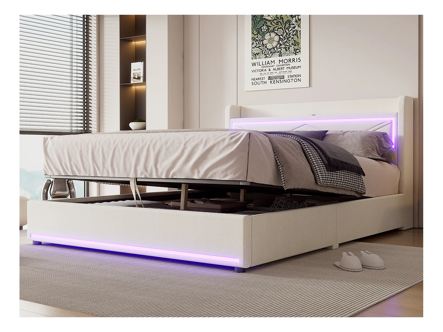 Opbergbed 160 x 200 cm met hoofdeinde - LED's en USB-poort - Linnenstof - Eigentijdse stijl - Beige