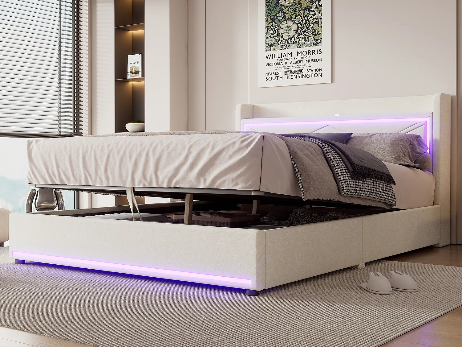 Lit coffre 160 x 200 cm avec tête de lit - LEDs et port USB - Tissu en lin - Style contemporain - Beige