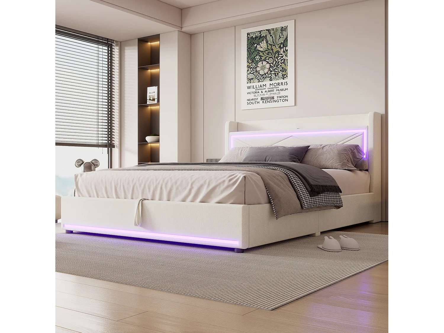 Lit coffre 160 x 200 cm avec tête de lit - LEDs et port USB - Tissu en lin - Style contemporain - Beige