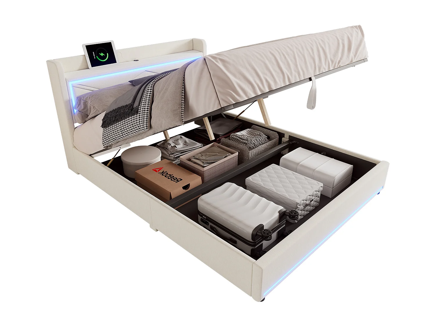 Lit coffre 160 x 200 cm avec tête de lit - LEDs et port USB - Tissu en lin - Style contemporain - Beige