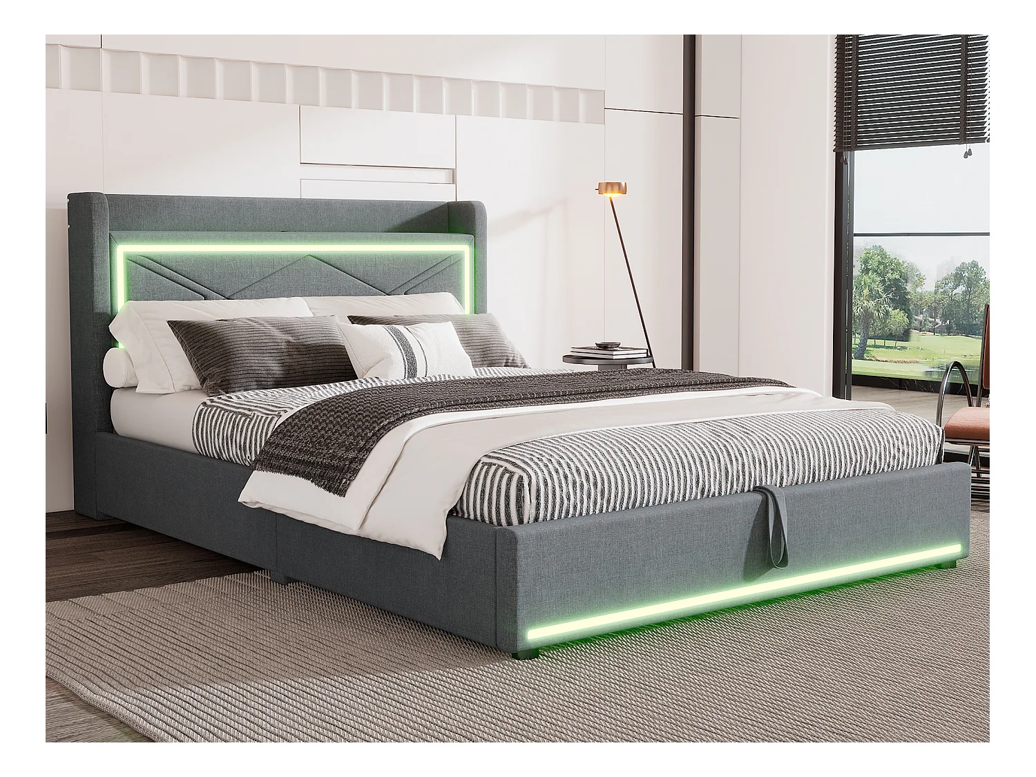 Lit coffre 140 x 200 cm avec tête de lit - LEDs et port USB - Tissu en lin - Style contemporain - Gris