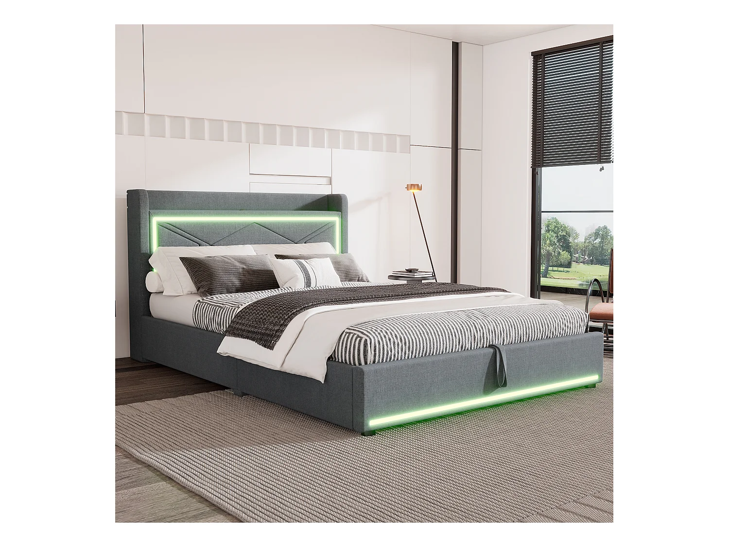 Lit coffre 140 x 200 cm avec tête de lit - LEDs et port USB - Tissu en lin - Style contemporain - Gris
