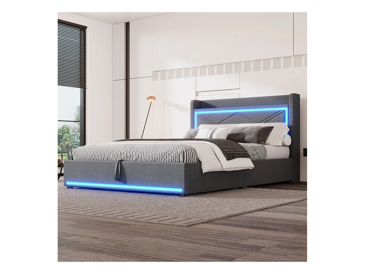 Lit coffre 140 x 200 cm avec tête de lit - LEDs et port USB - Tissu en lin - Style contemporain - Gris