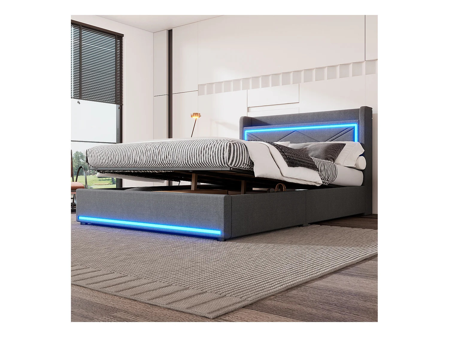 Lit coffre 140 x 200 cm avec tête de lit - LEDs et port USB - Tissu en lin - Style contemporain - Gris