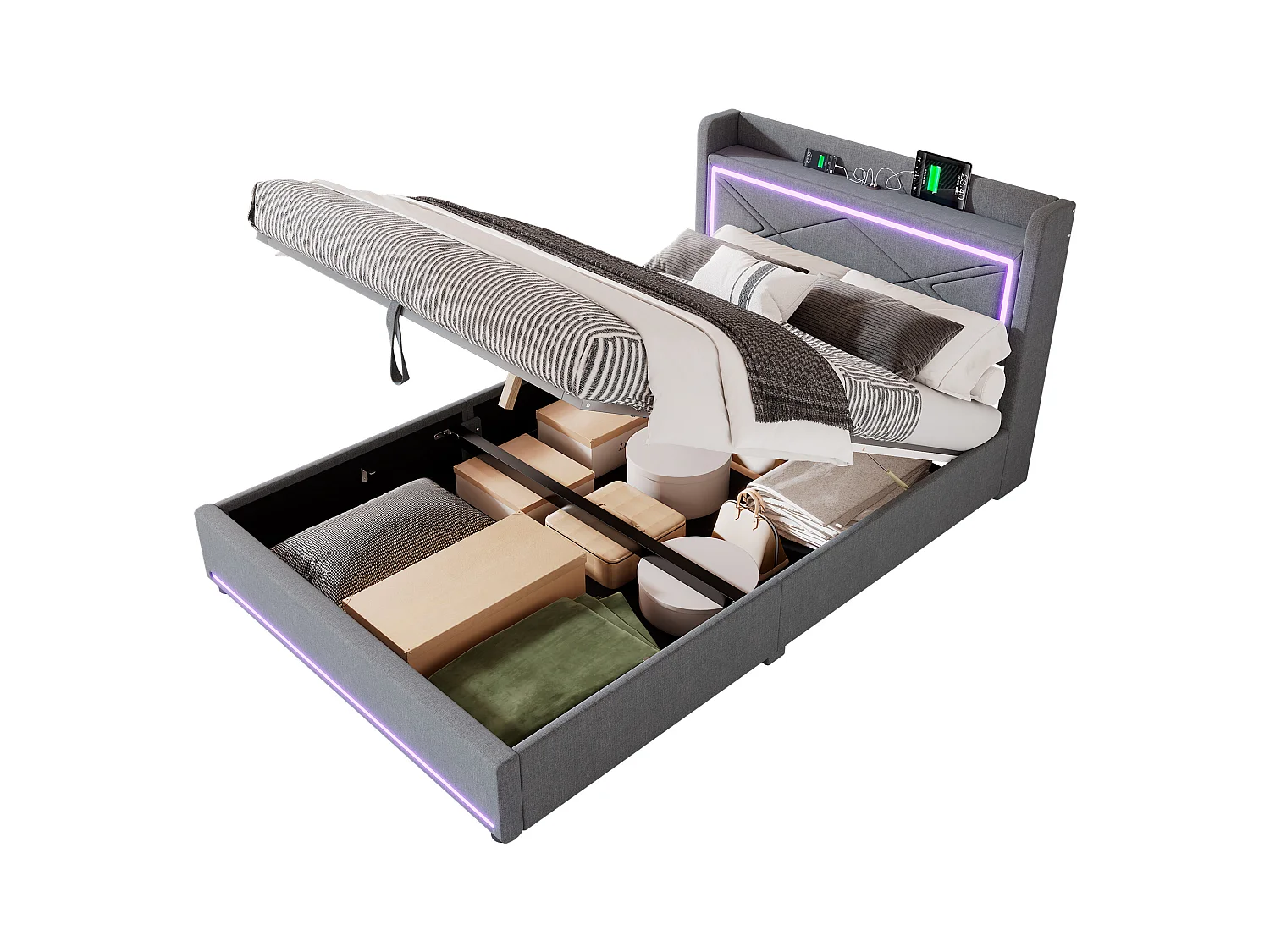 Lit coffre 140 x 200 cm avec tête de lit - LEDs et port USB - Tissu en lin - Style contemporain - Gris
