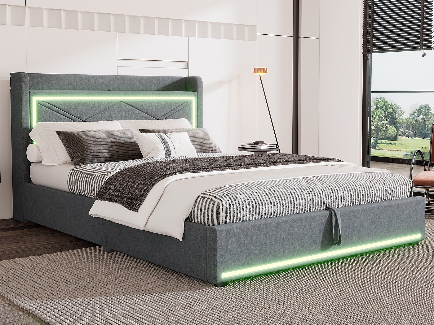 KEYIDE Letto Matrimoniale Imbottito 140x200 Con LED RGB E Porte USB - Contenitore Idraulico Con Rete A Doghe - Grigio
