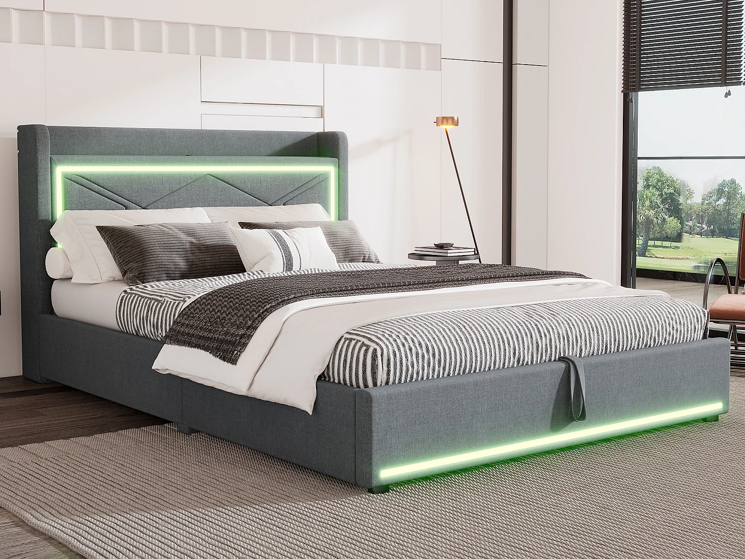 Lit coffre 140 x 200 cm avec tête de lit - LEDs et port USB - Tissu en lin - Style contemporain - Gris