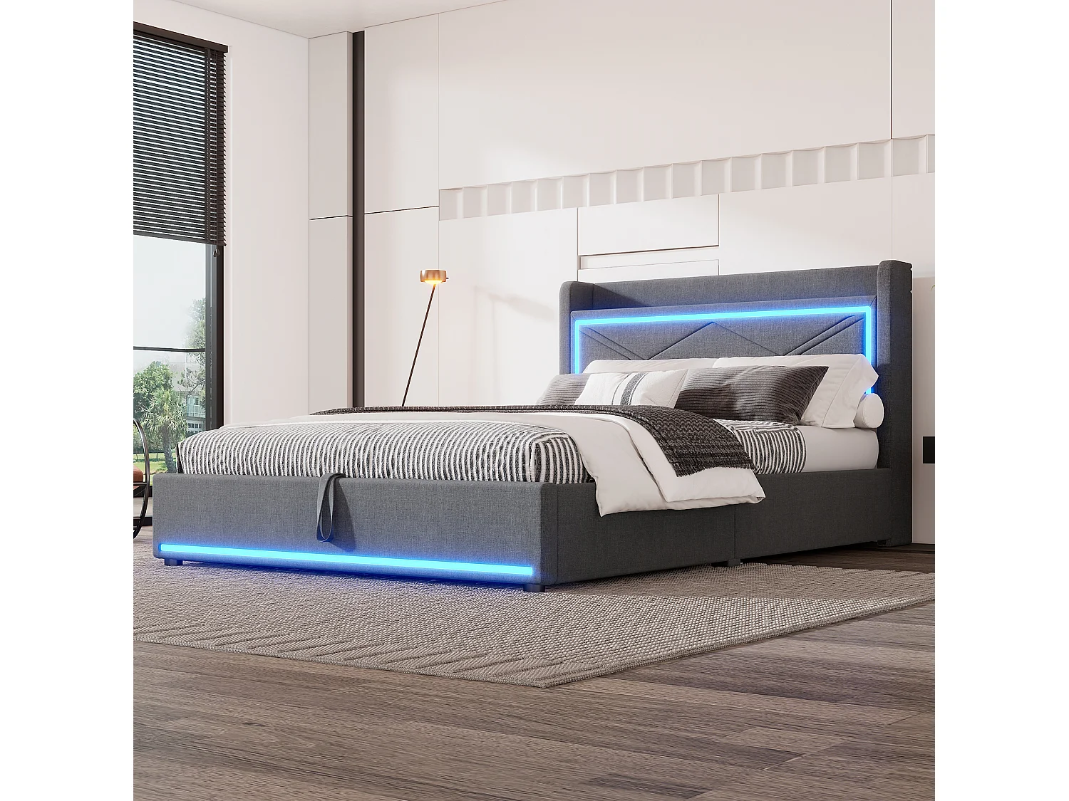 Lit coffre 140 x 200 cm avec tête de lit - LEDs et port USB - Tissu en lin - Style contemporain - Gris