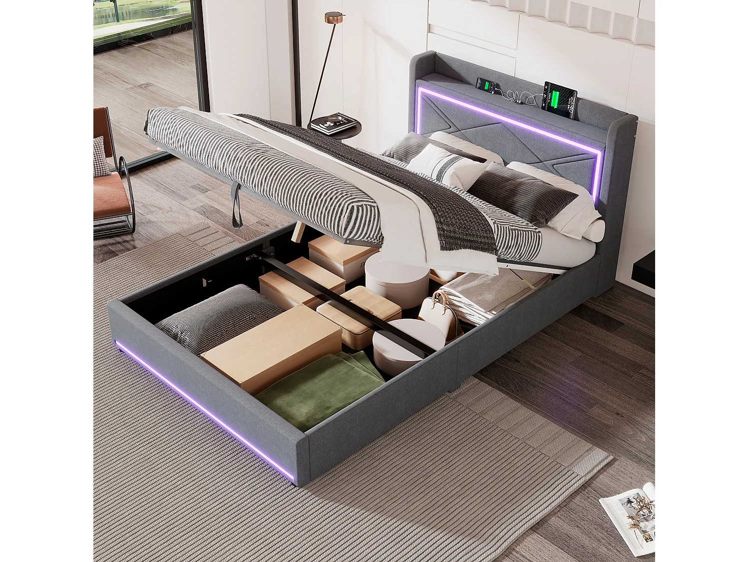 Lit coffre 140 x 200 cm avec tête de lit - LEDs et port USB - Tissu en lin - Style contemporain - Gris