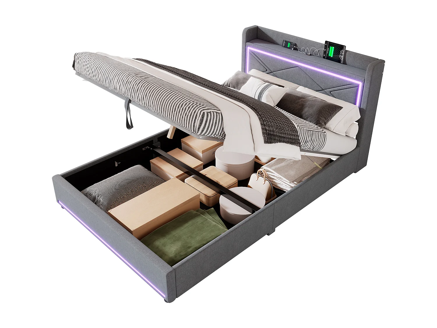 Lit coffre 140 x 200 cm avec tête de lit - LEDs et port USB - Tissu en lin - Style contemporain - Gris