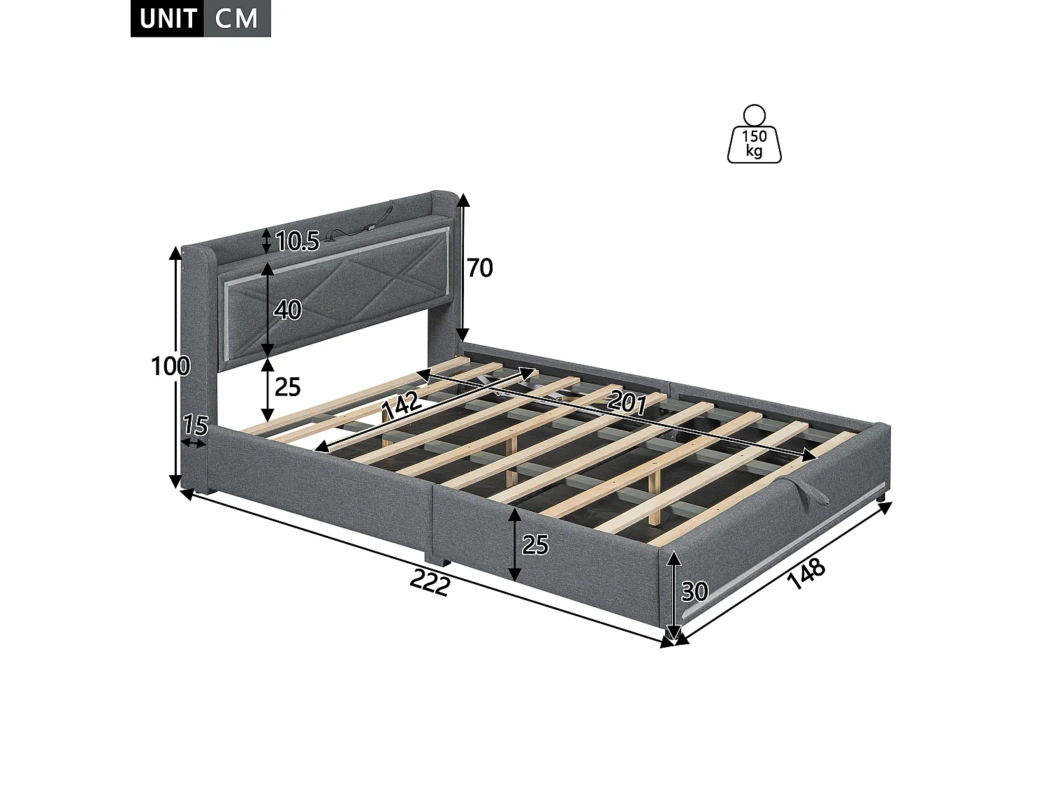 Lit coffre 140 x 200 cm avec tête de lit - LEDs et port USB - Tissu en lin - Style contemporain - Gris