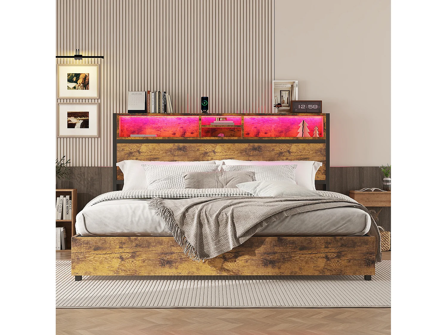 Lit coffre 180 x 200 cm avec tête de lit de rangement et prise USB - LEDs - Métal et MDF - Marron
