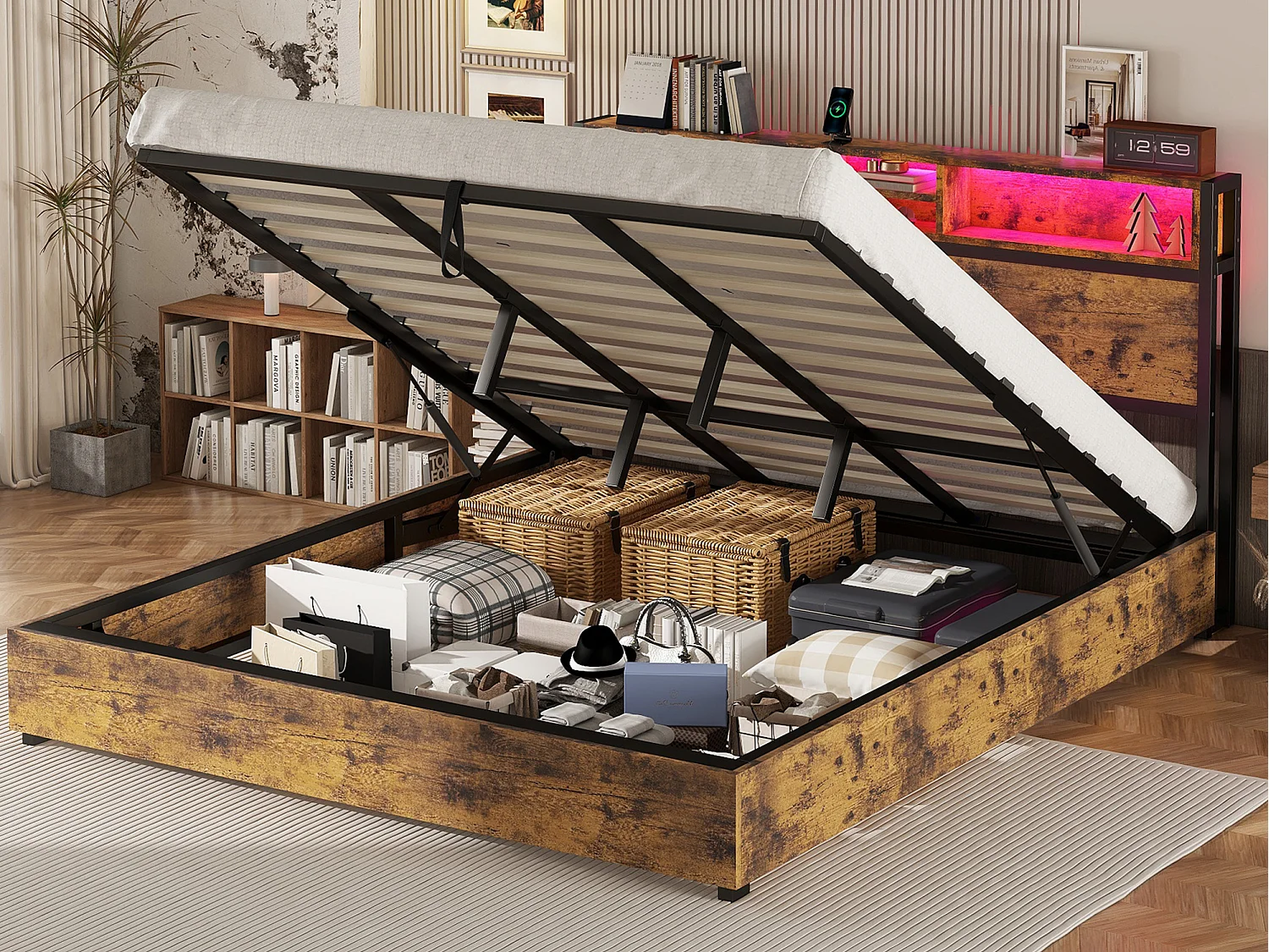 Lit coffre 180 x 200 cm avec tête de lit de rangement et prise USB - LEDs - Métal et MDF - Marron