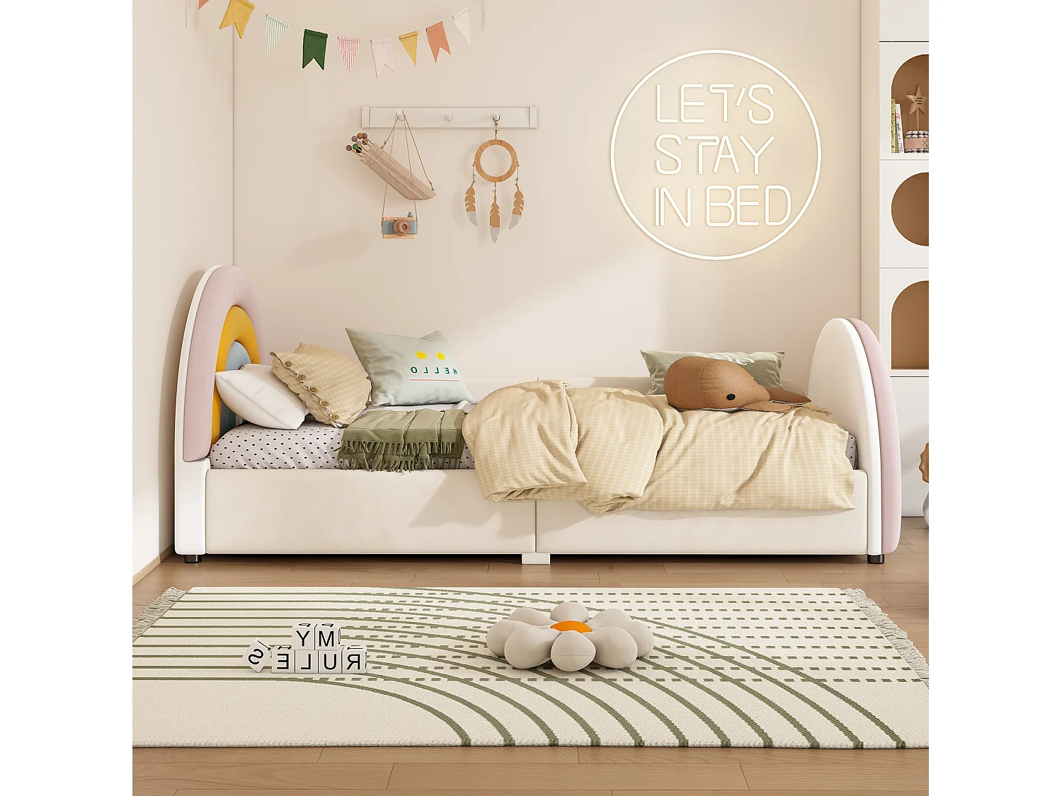 Polsterbett 90 x 200 cm mit Aufbewahrungsbox – Samt und Holz – Regenbogen-Kopfteil – Beige