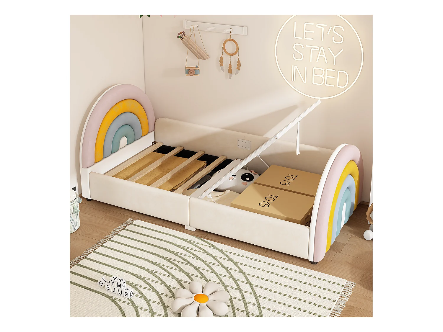 Polsterbett 90 x 200 cm mit Aufbewahrungsbox – Samt und Holz – Regenbogen-Kopfteil – Beige