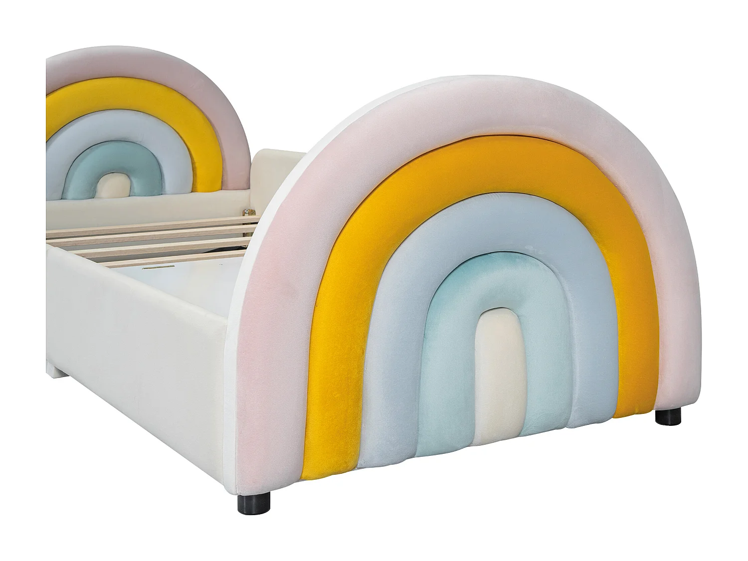 Polsterbett 90 x 200 cm mit Aufbewahrungsbox – Samt und Holz – Regenbogen-Kopfteil – Beige