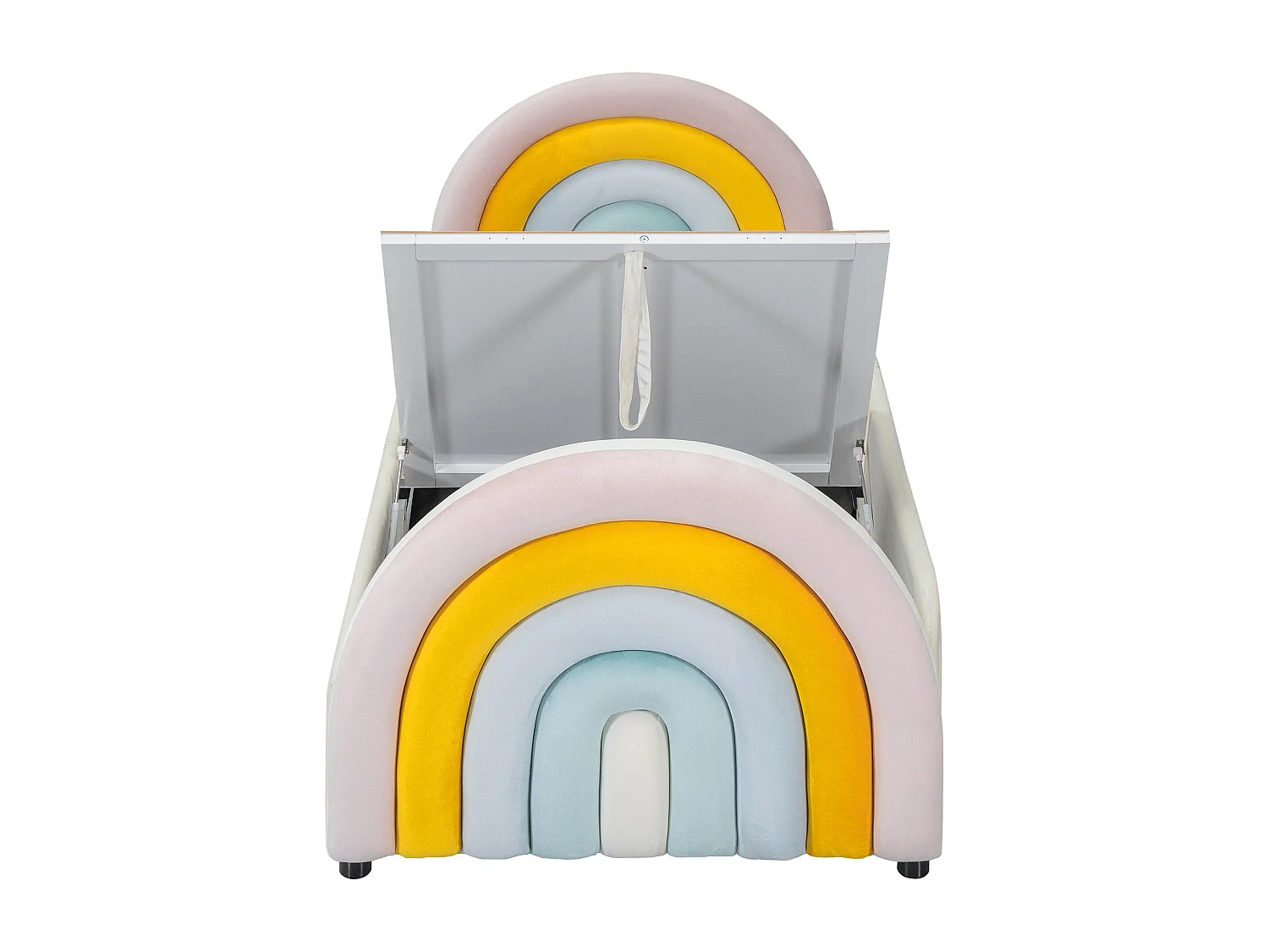 Polsterbett 90 x 200 cm mit Aufbewahrungsbox – Samt und Holz – Regenbogen-Kopfteil – Beige