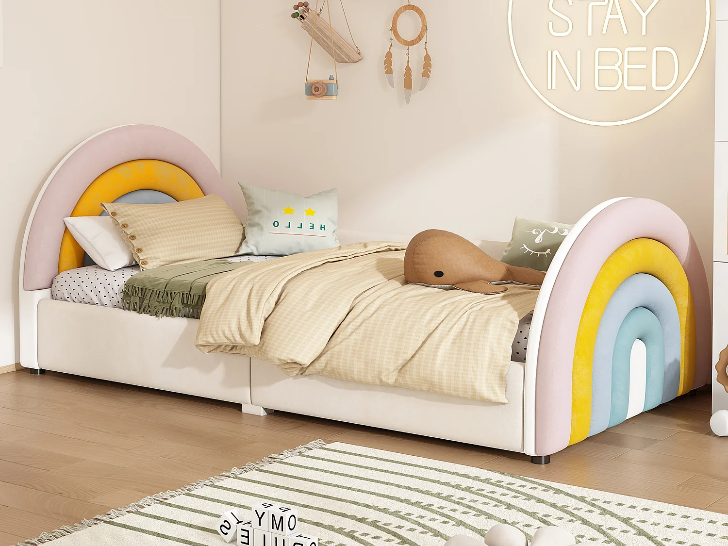 Lit capitonné 90 x 200 cm avec coffre de rangement - Velours et bois - tête de lit en arc-en-ciel - beige