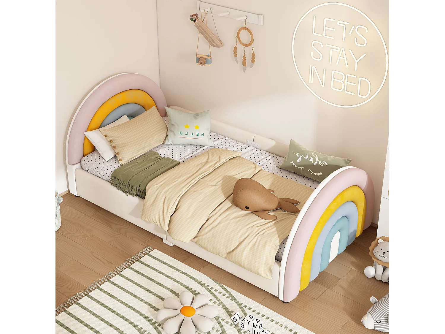 Lit capitonné 90 x 200 cm avec coffre de rangement - Velours et bois - tête de lit en arc-en-ciel - beige