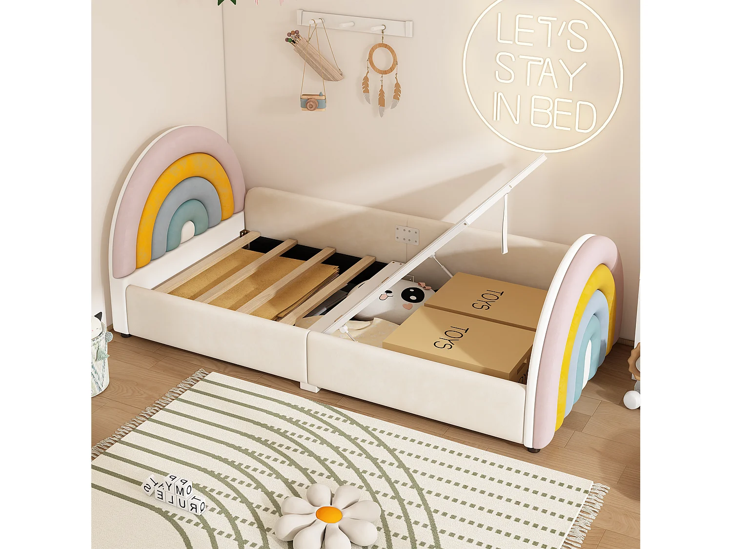 Lit capitonné 90 x 200 cm avec coffre de rangement - Velours et bois - tête de lit en arc-en-ciel - beige