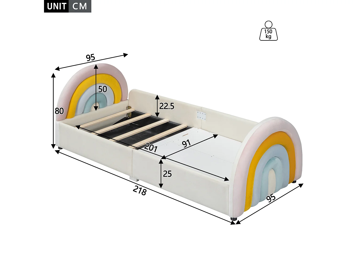 Lit capitonné 90 x 200 cm avec coffre de rangement - Velours et bois - tête de lit en arc-en-ciel - beige
