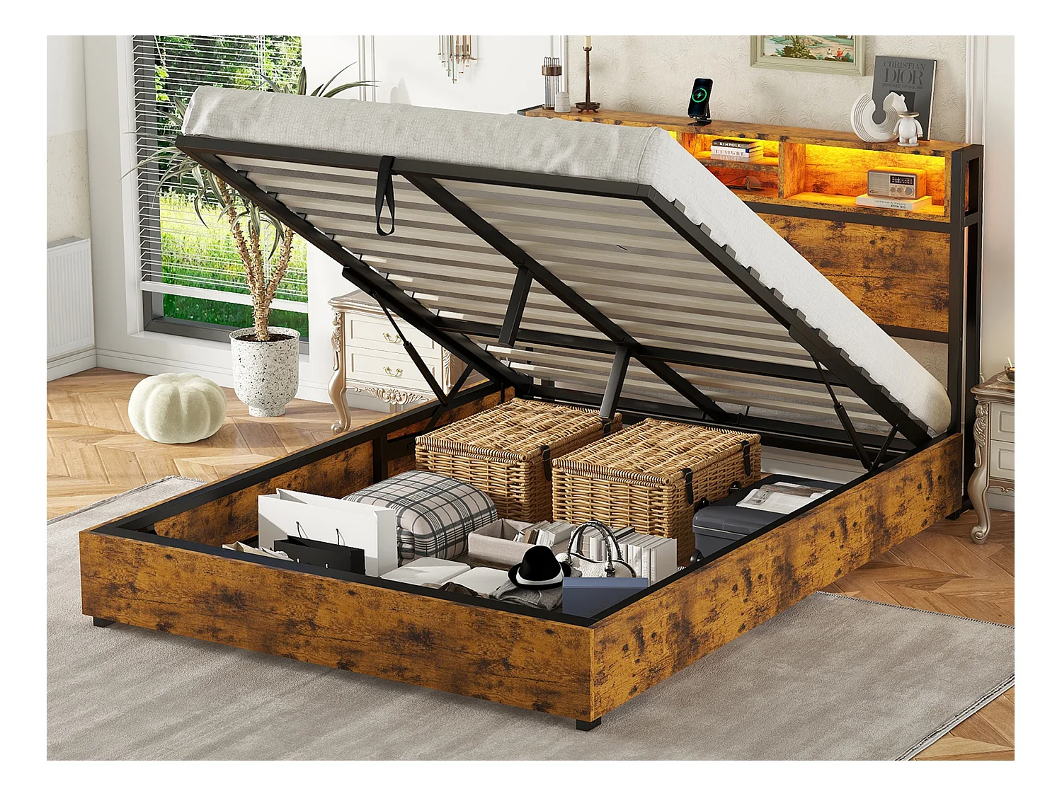 Lit coffre 140 x 200 cm avec tête de lit de rangement et prise USB - LEDs - Métal et MDF - Marron
