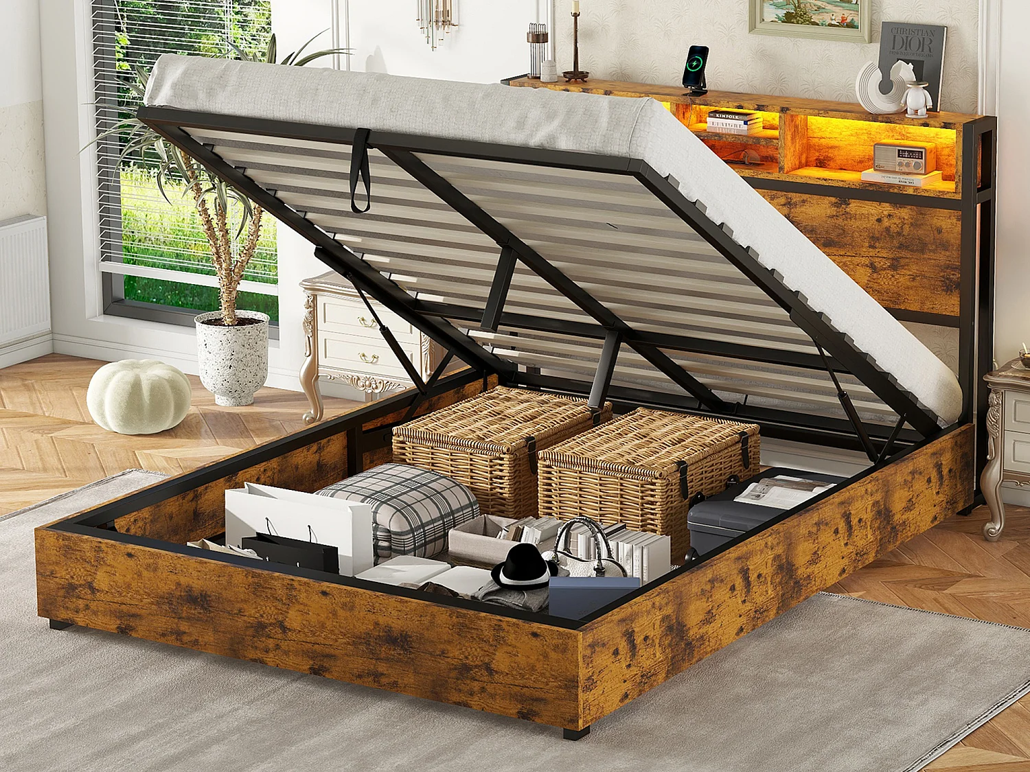 Lit coffre 140 x 200 cm avec tête de lit de rangement et prise USB - LEDs - Métal et MDF - Marron