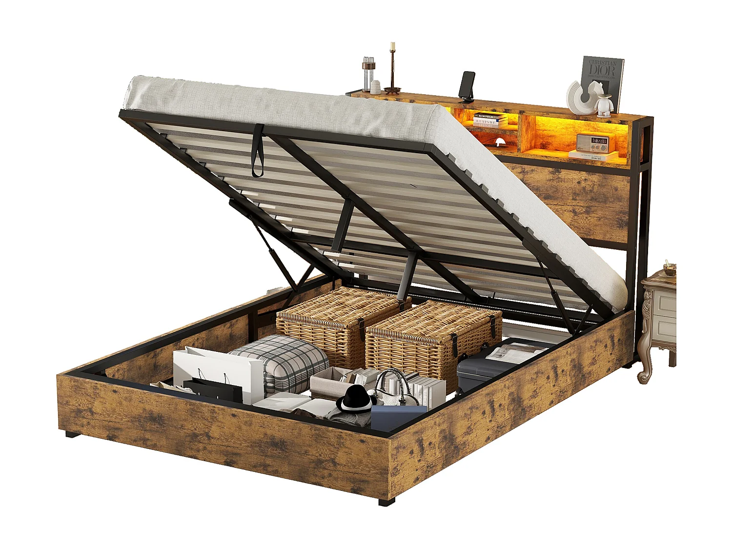 Lit coffre 140 x 200 cm avec tête de lit de rangement et prise USB - LEDs - Métal et MDF - Marron