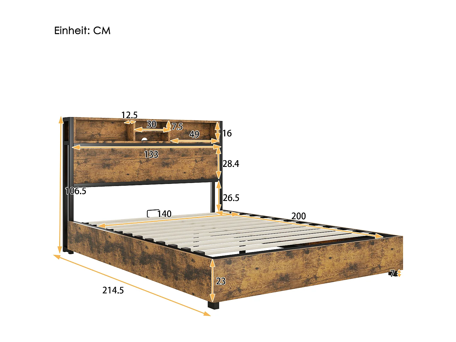 Lit coffre 140 x 200 cm avec tête de lit de rangement et prise USB - LEDs - Métal et MDF - Marron