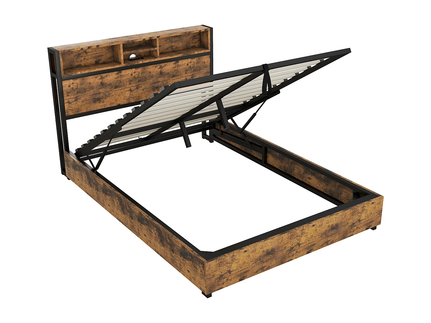 Lit coffre 140 x 200 cm avec tête de lit de rangement et prise USB - LEDs - Métal et MDF - Marron