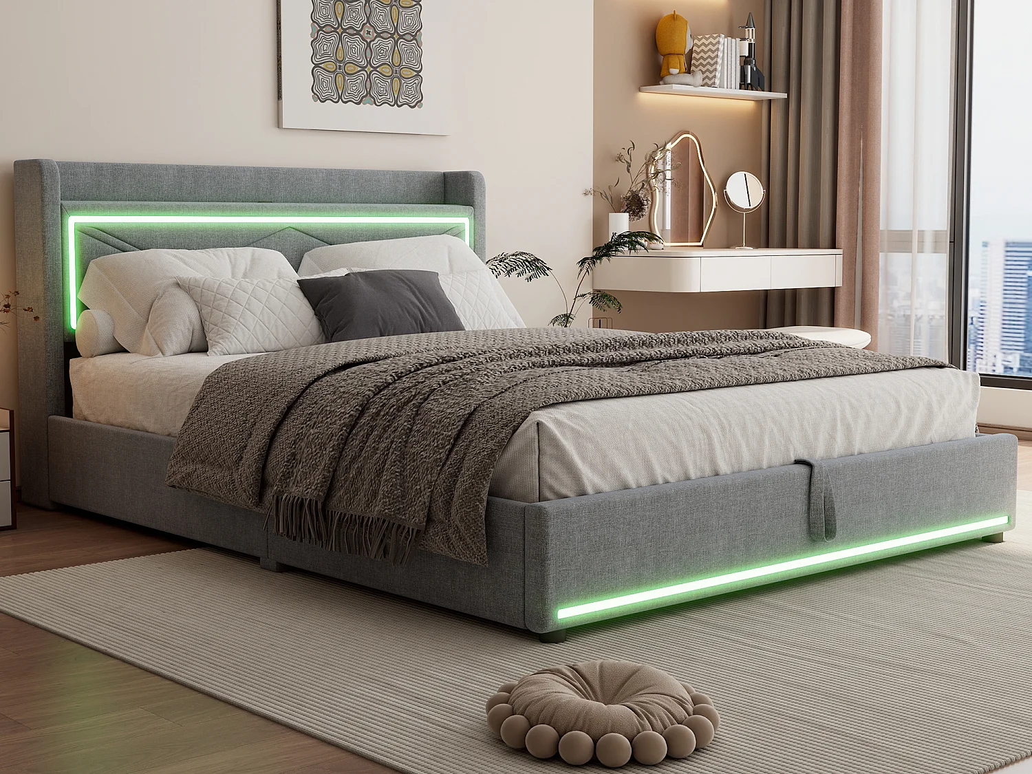 Lit coffre 160 x 200 cm avec tête de lit - LEDs et port USB - Tissu en lin - Style contemporain - Gris