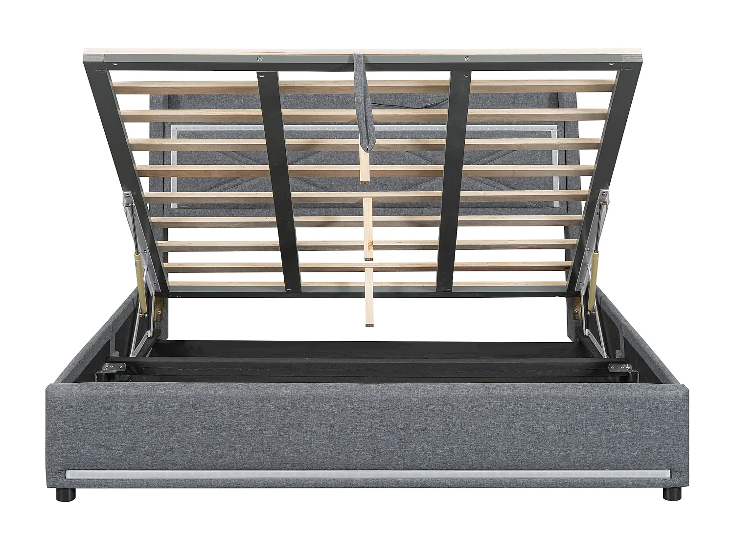 Lit coffre 160 x 200 cm avec tête de lit - LEDs et port USB - Tissu en lin - Style contemporain - Gris