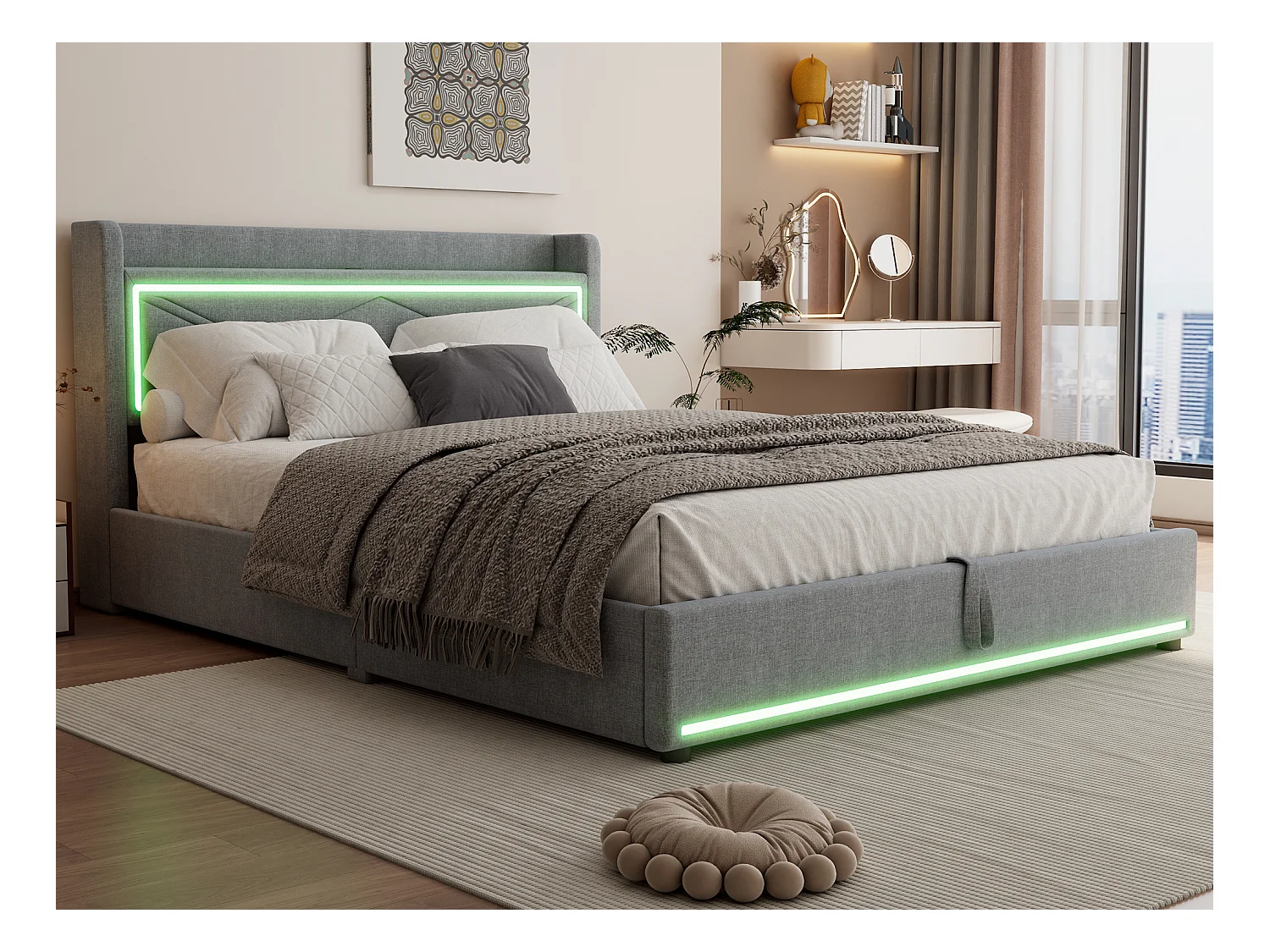 Lit coffre 160 x 200 cm avec tête de lit - LEDs et port USB - Tissu en lin - Style contemporain - Gris