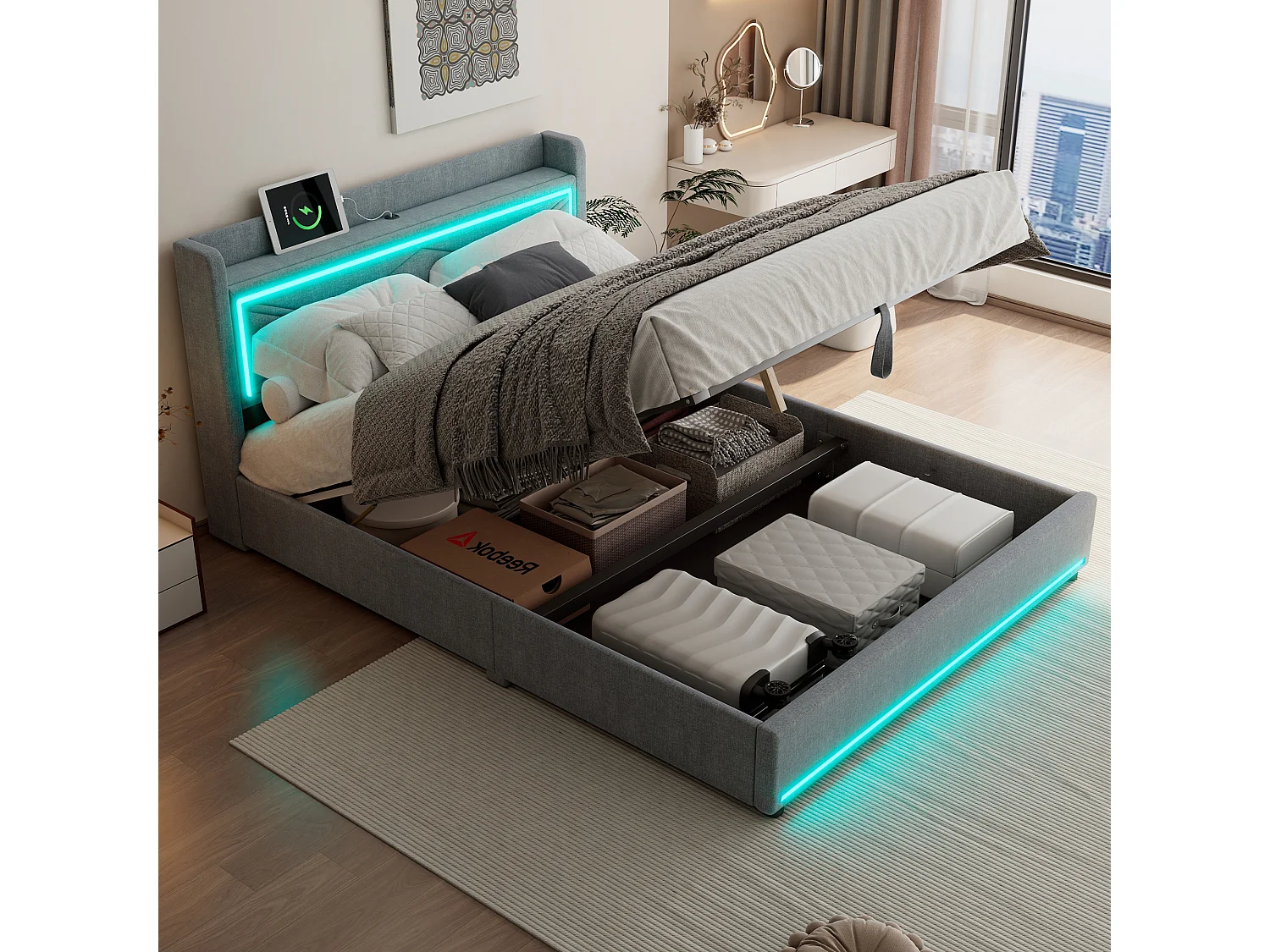 Opbergbed 160 x 200 cm met hoofdeinde - LED's en USB-poort - Linnenstof - Eigentijdse stijl - Grijs