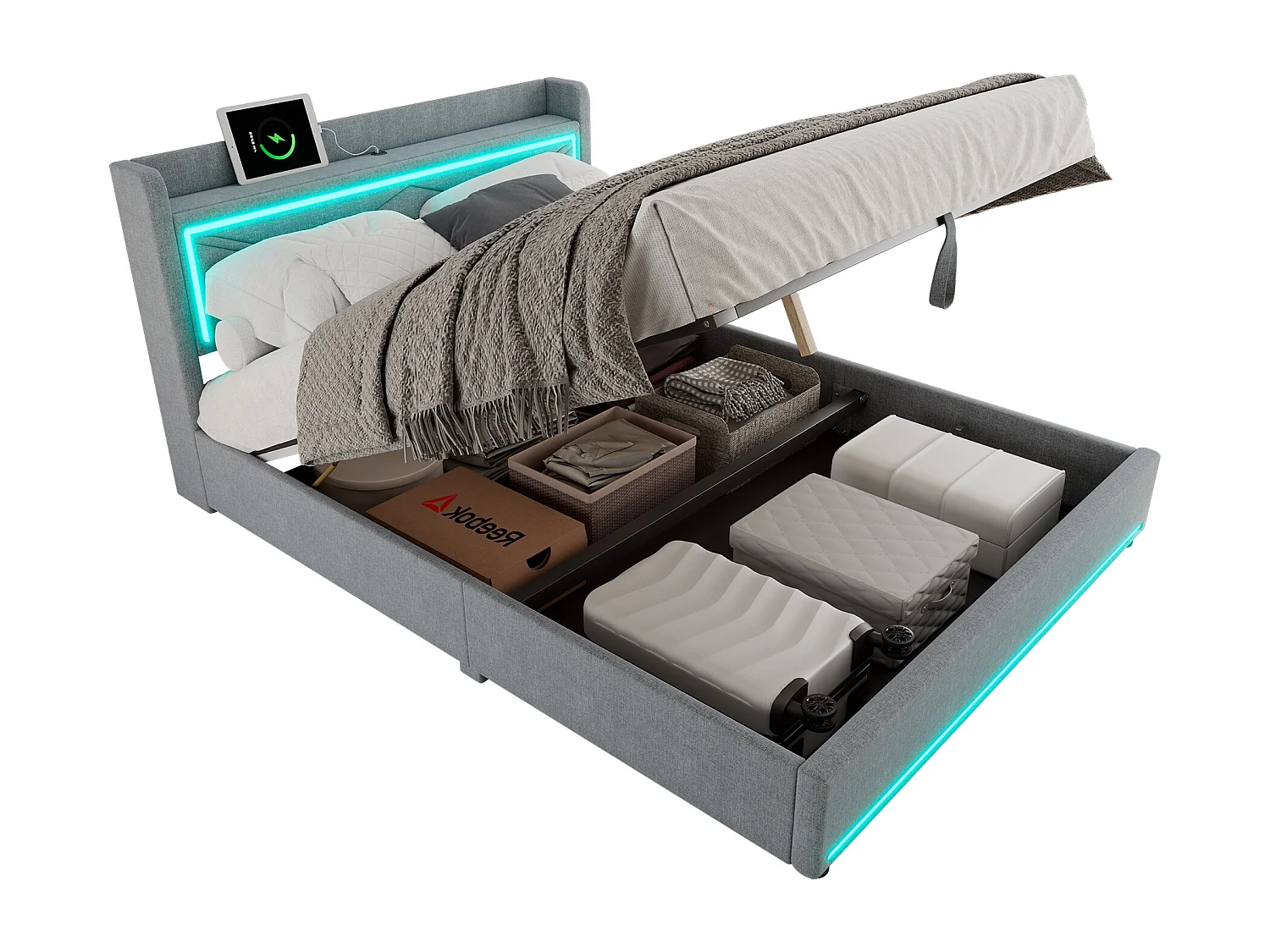Opbergbed 160 x 200 cm met hoofdeinde - LED's en USB-poort - Linnenstof - Eigentijdse stijl - Grijs