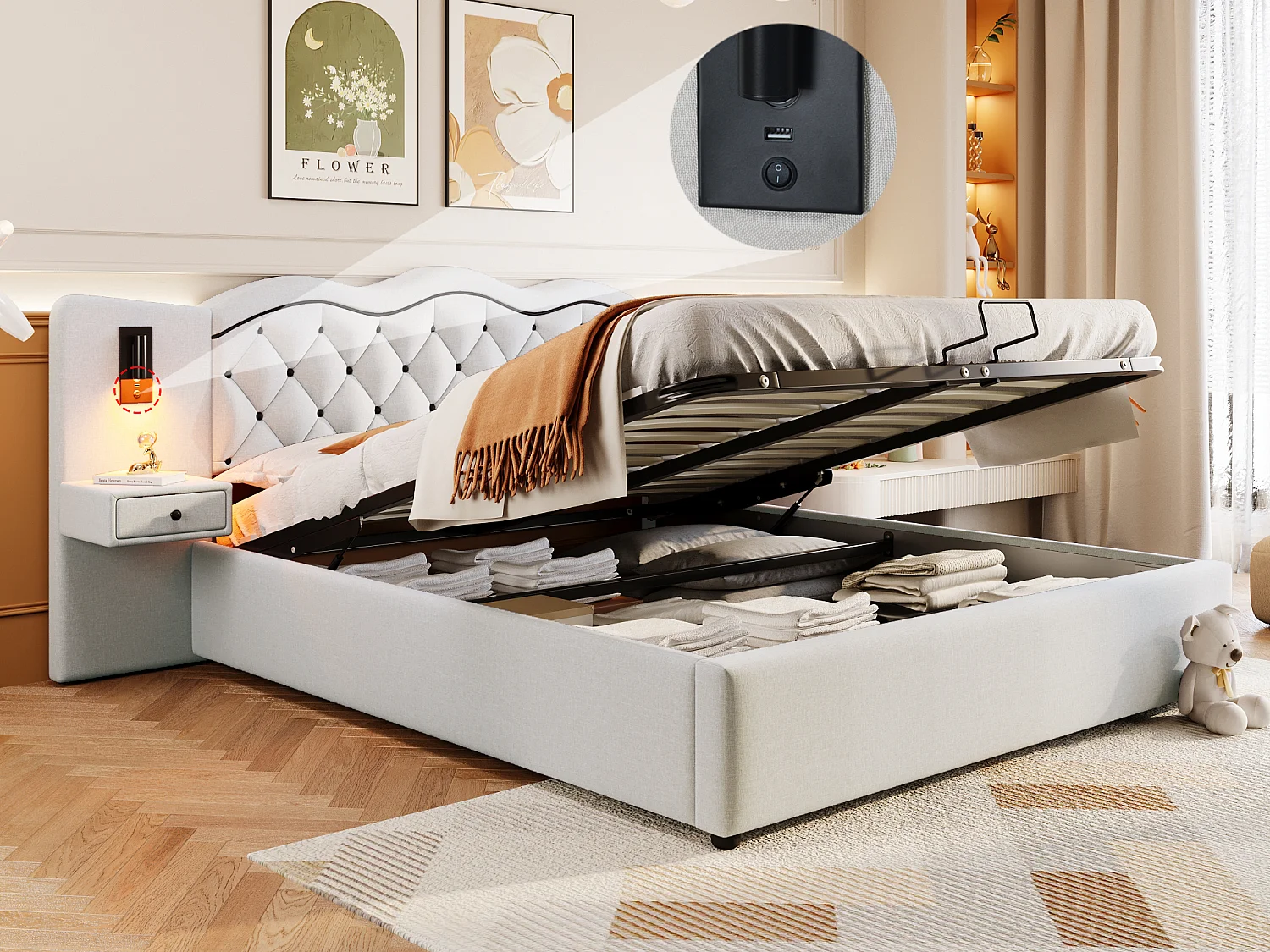 Cama contenedor moderna 180 x 200 cm - 2 mesitas de noche, 2 lámparas de noche y USB - Tela de lino - Beige