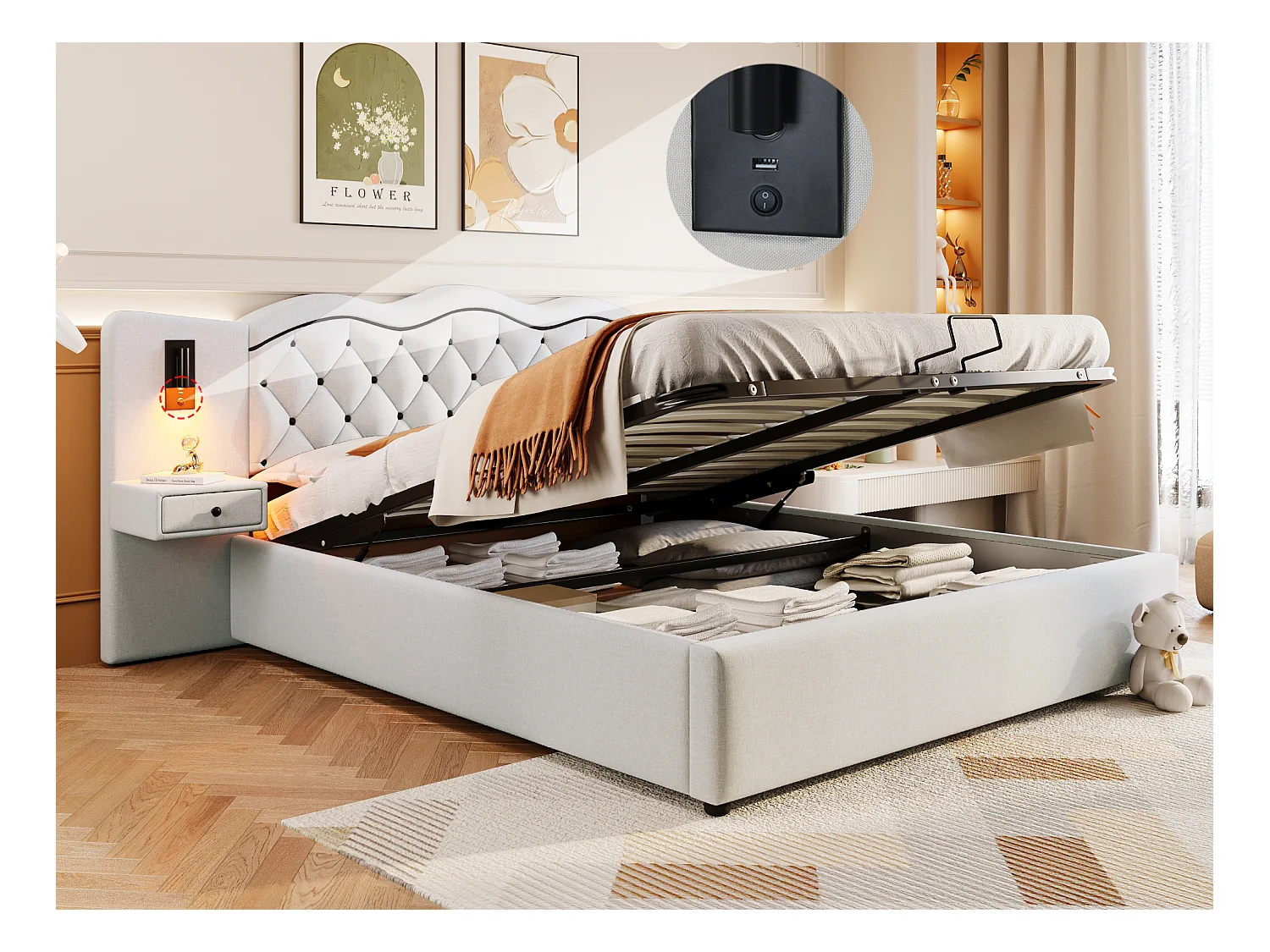 Lit coffre moderne 180 x 200 cm  - 2 table de chevets, 2 lampes de chevet et USB - Tissu lin - Beige