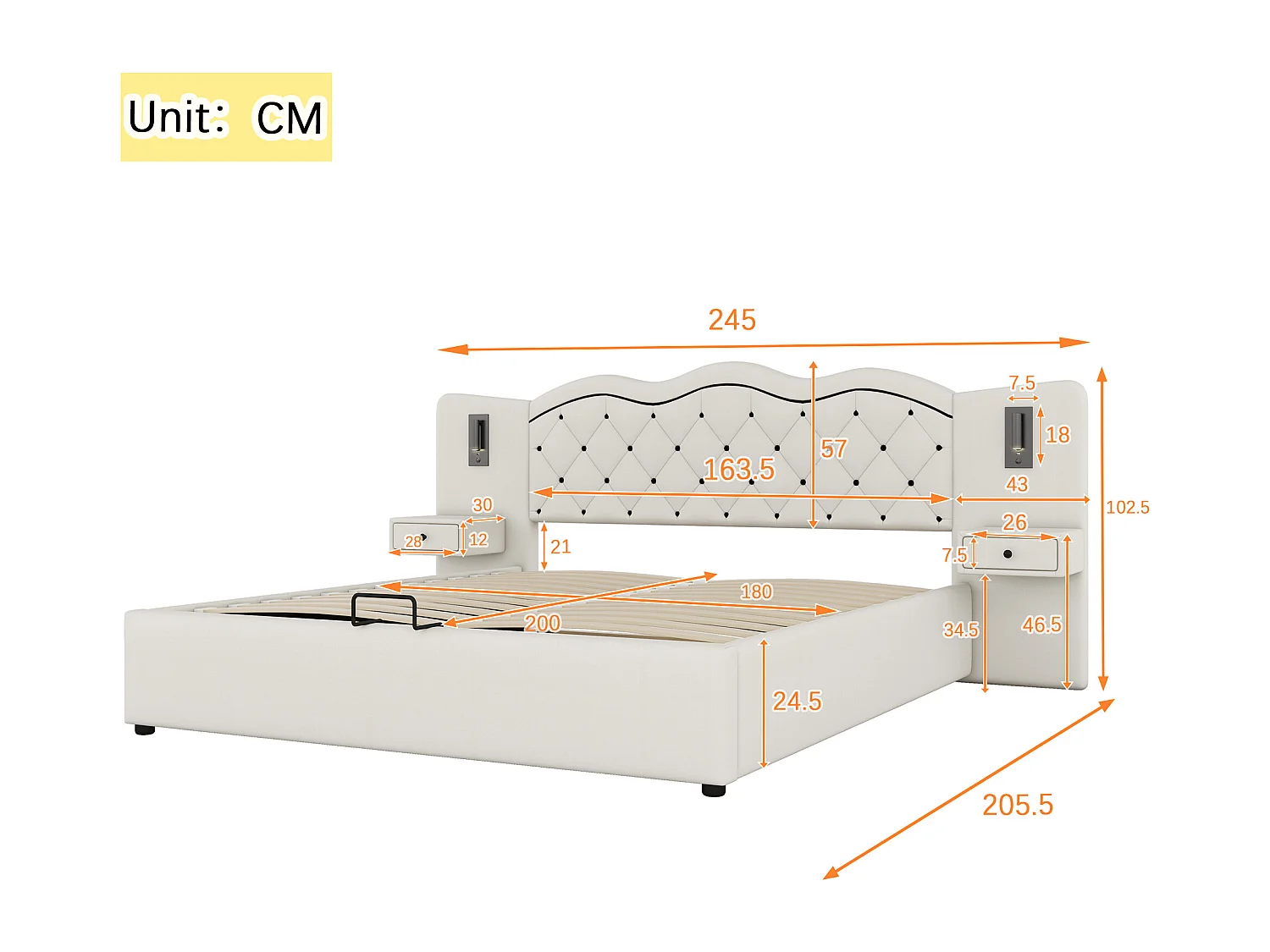 Lit coffre moderne 180 x 200 cm  - 2 table de chevets, 2 lampes de chevet et USB - Tissu lin - Beige