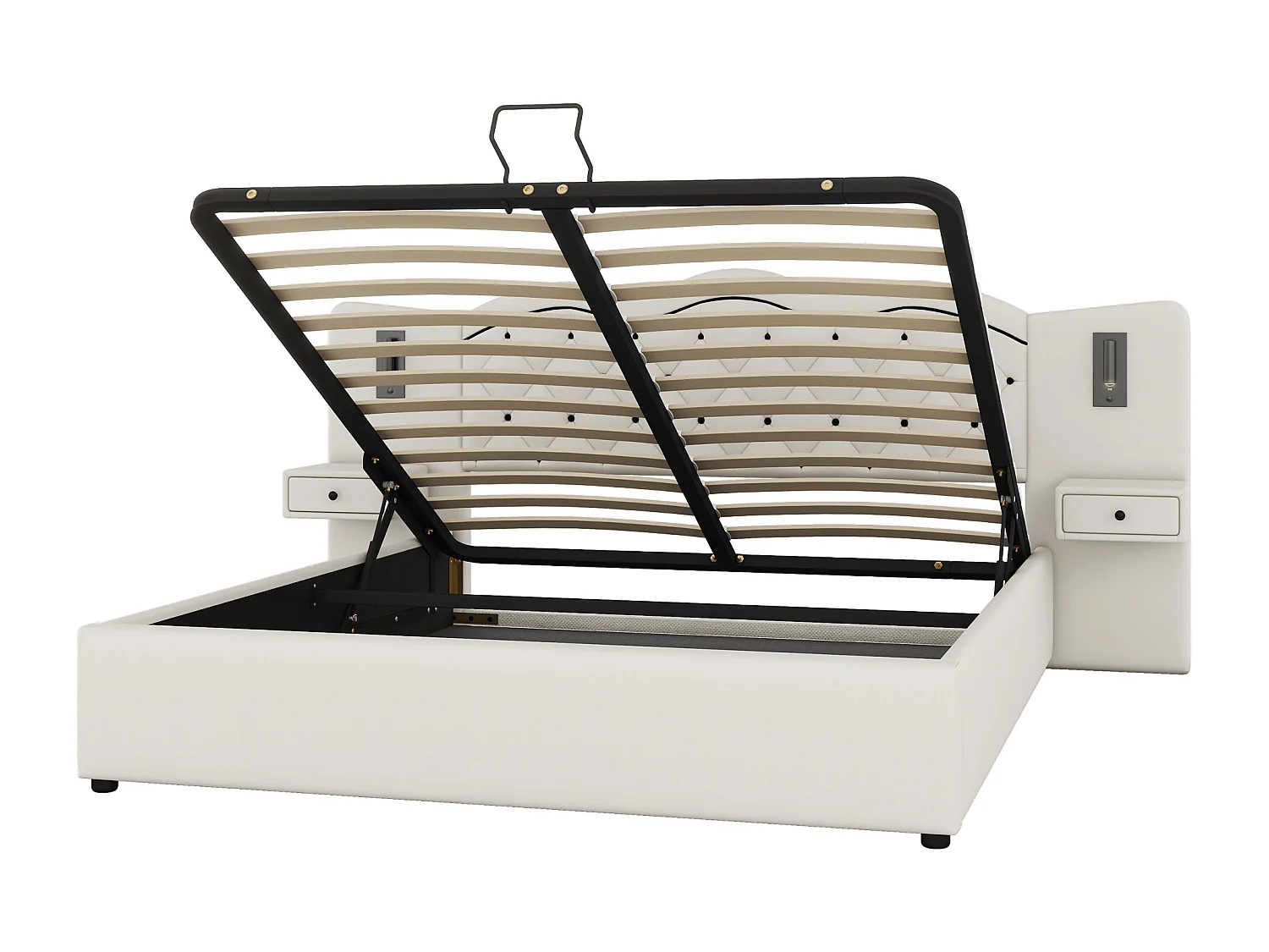 Lit coffre moderne 180 x 200 cm  - 2 table de chevets, 2 lampes de chevet et USB - Tissu lin - Beige