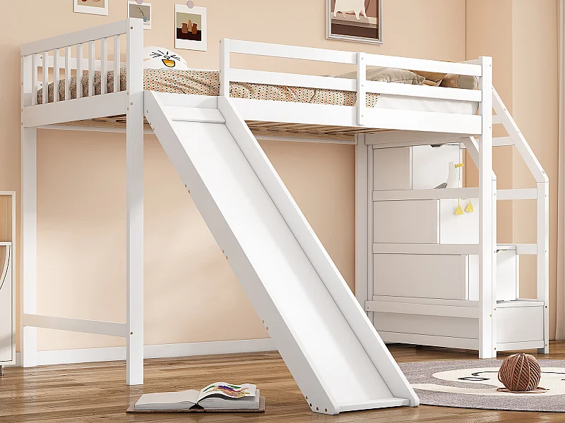 Hochbett 90 x 200 cm mit 3 Schubladen und Rutsche – Kiefernholz + MDF – Lattenrost – Weiß