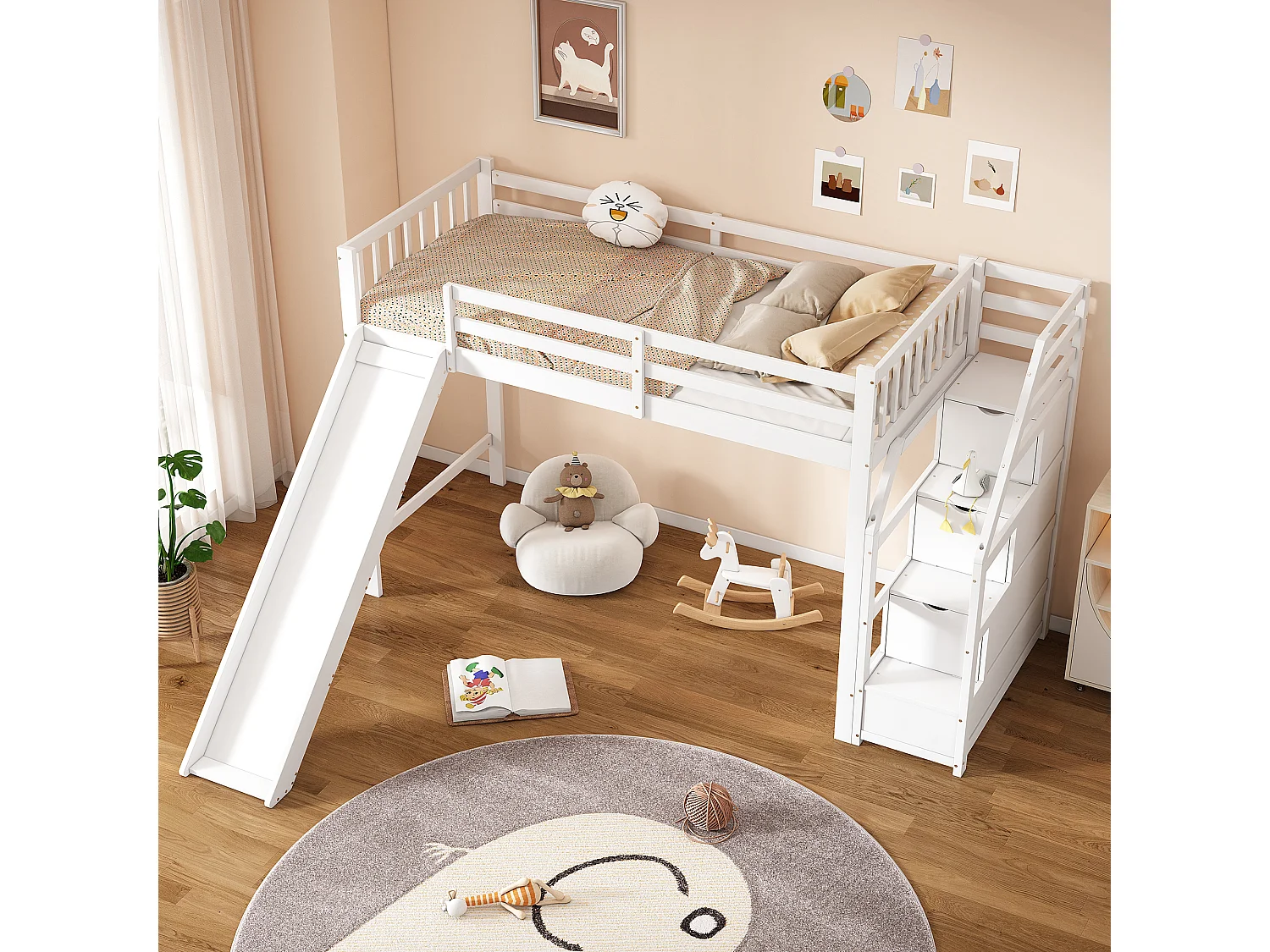 Letto a soppalco 90 x 200 cm con 3 cassetti e scivolo - legno di pino + MDF - rete a doghe - bianco