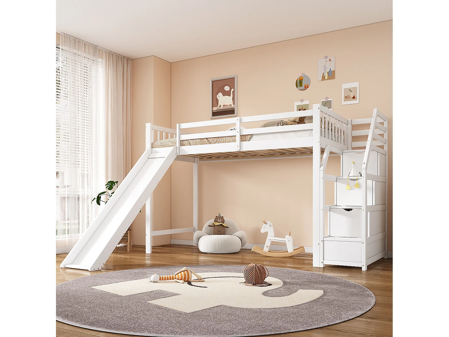 Letto a soppalco 90 x 200 cm con 3 cassetti e scivolo - legno di pino + MDF - rete a doghe - bianco